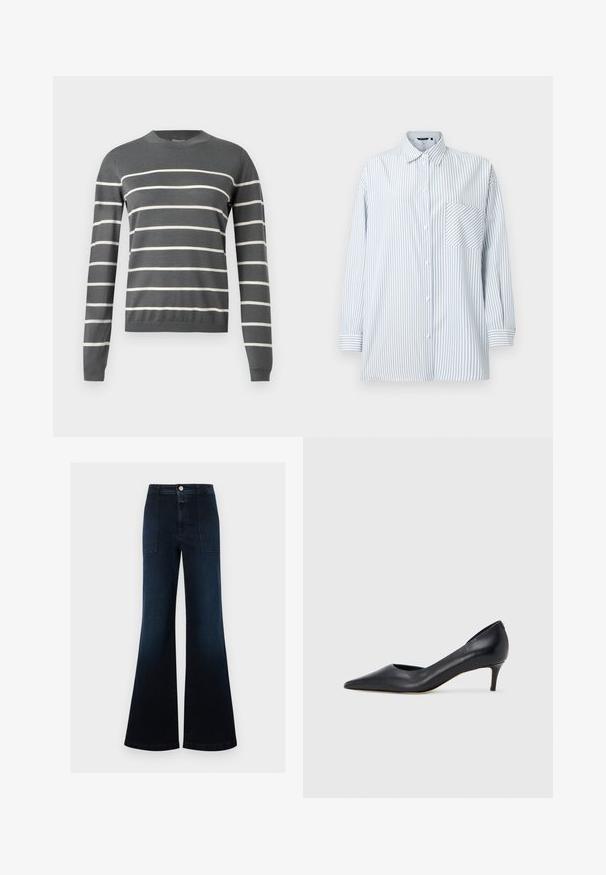 Pull gris à manches longues et col rond. Présente des rayures blanches horizontales. Texture douce, poignets et ceinture côtelés.; Chemise boutonnée à rayures verticales bleu clair et blanc, manches longues, poche poitrine, en tissu lisse, et dotée d'un col classique.; Jean large bleu foncé à taille haute, poches plaquées à l'avant, fermeture par bouton, sans usure visible ni ornements.; Escarpin en cuir noir avec un bout pointu et un talon bas. Présente une texture lisse et un éclat subtil. Découpe ouverte à l'avant pour un détail supplémentaire.