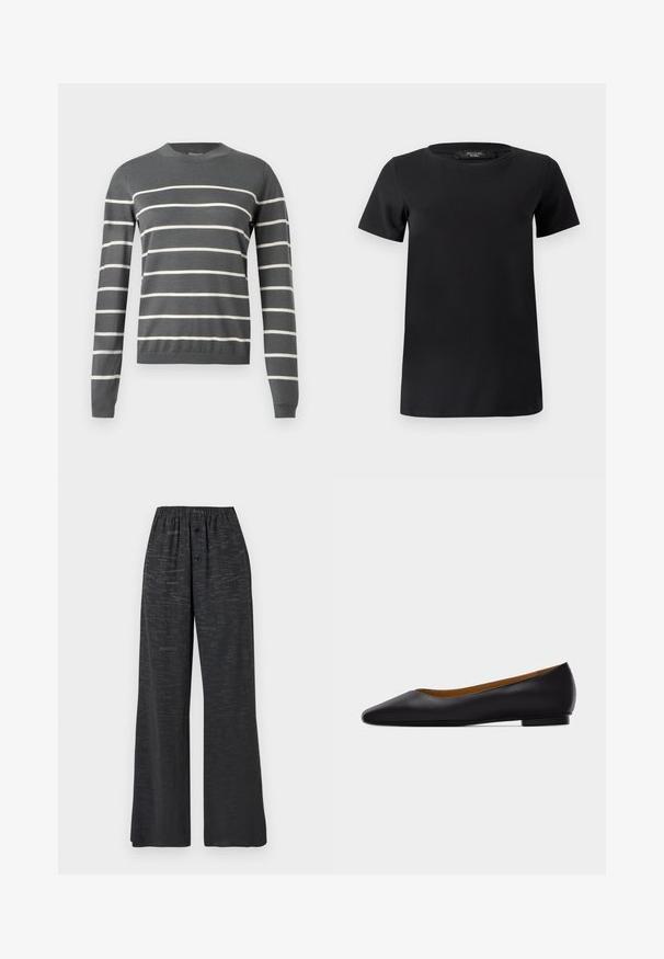 Pull gris à manches longues et col rond. Présente des rayures blanches horizontales. Texture douce, poignets et ceinture côtelés.; T-shirt noir à manches courtes en tissu de coton doux, doté d'un col rond et d'un design simple et classique sans ornements.; Pantalon noir à jambes larges avec ceinture élastique, deux boutons à l'avant et un motif discret en texte imprimé sur l'ensemble.; Chaussure plate en cuir noir à bout pointu avec talon bas et finition lisse, vue de côté sur un fond gris clair.