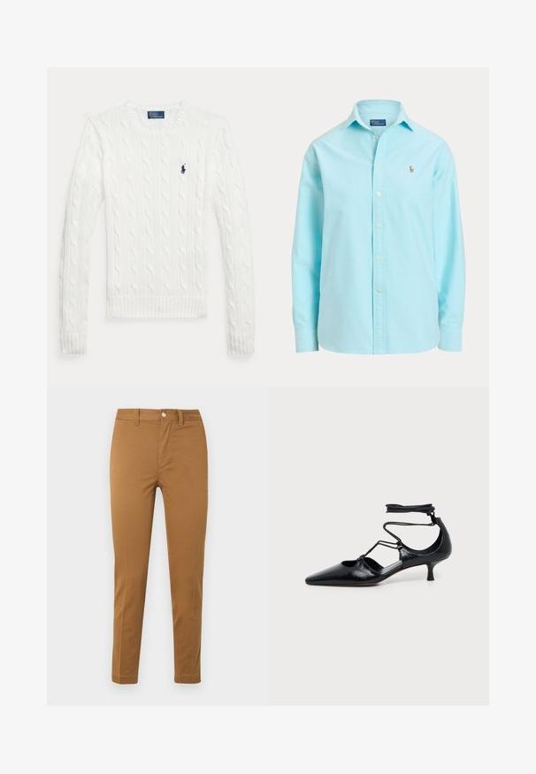 Witte kabelgebreide trui met lange mouwen, een ronde hals en een klein marineblauw Polo Ralph Lauren-logo op de linkerborst.; Lichtblauw overhemd met lange mouwen, knopen en een kraag, met een klein geborduurd logo op de linkerborst.; Rechte kaki broek met voorzakken, riemlussen en knoopsluiting, plat uitgestald op een witte achtergrond.; Zwart, puntige kitten heel-schoen met enkelbandjes en cut-out details aan de zijkanten, getoond op een effen lichte achtergrond.
