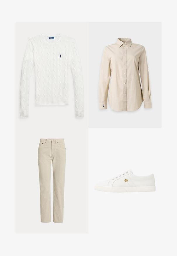 Pull blanc à manches longues en maille torsadée avec col rond et petit logo Polo Ralph Lauren bleu marine sur le côté gauche de la poitrine.; Chemise beige à manches longues, boutonnée, avec un col pointu et un petit logo sombre brodé près du poignet gauche.; Pantalon en velours côtelé beige droit avec passants de ceinture, bouton à l'avant, fermeture éclair et poches avant.; Lauren Ralph Lauren JANSON II CANVAS SNEAKER - Baskets basses - optic white