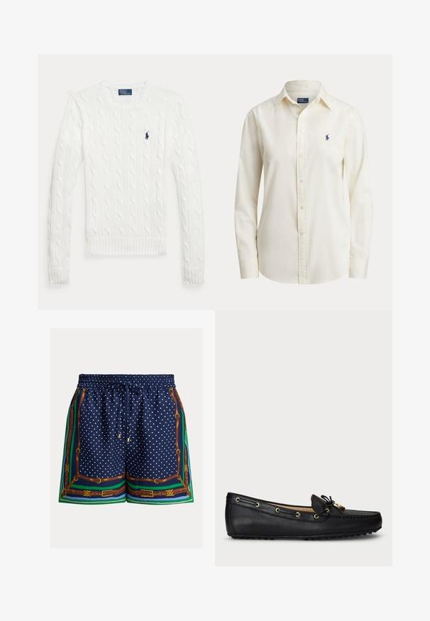 Pull blanc à manches longues en maille torsadée avec col rond et petit logo Polo Ralph Lauren bleu marine sur le côté gauche de la poitrine.; Chemise crème à manches longues, boutonnée, avec col et petit logo cheval brodé bleu marine sur le côté gauche de la poitrine.; Shorts bleu marine à pois blancs, taille élastique, cordon de serrage, et bordure à motif avec ceintures marron et accents verts.; Mocassin en cuir noir avec œillets dorés, nœud à lacets et semelle à clous en caoutchouc, présenté de profil sur un fond blanc.