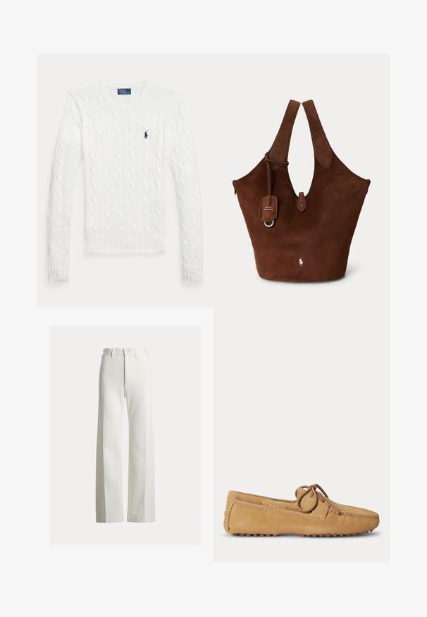 Pull blanc à manches longues en maille torsadée avec col rond et petit logo Polo Ralph Lauren bleu marine sur le côté gauche de la poitrine.; Pantalon à jambes larges et taille haute en denim blanc. Il présente un devant épuré avec une fermeture boutonnée cachée et des coutures discrètes pour la structure.; Mocassin en daim marron clair avec bout arrondi, lacet en cuir noué en nœud et semelle en caoutchouc à picots pour une meilleure adhérence.; Sac fourre-tout en daim marron avec larges poignées, fermeture à bouton sur le devant et petit logo Polo Ralph Lauren près du centre en bas.
