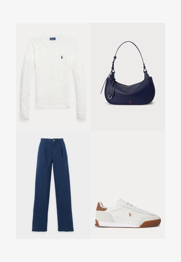 Pull blanc à manches longues en maille torsadée avec col rond et petit logo Polo Ralph Lauren bleu marine sur le côté gauche de la poitrine.; Pantalon droit bleu marine avec plis, passants de ceinture, fermeture par bouton et braguette zippée sur un fond uni clair.; Baskets basses blanches avec des accents en daim marron au talon et à l’orteil, des lacets blancs et un petit logo brodé marron sur le côté.; Sac hobo en cuir bleu marine avec une forme incurvée, une finition texturée, une bandoulière réglable et un petit logo rouge en accent sur un côté.