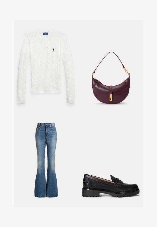 Pull blanc à manches longues en maille torsadée avec col rond et petit logo Polo Ralph Lauren bleu marine sur le côté gauche de la poitrine.; Jean en denim bleu taille haute avec jambes évasées et légère décoloration sur la partie avant des cuisses, présenté sur fond blanc.; Mocassin en cuir noir avec semelle épaisse à relief, talon bas et bride décorative sur le devant.; Petit sac à bandoulière en cuir violet foncé avec fermeture éclair dorée et étiquette logo rectangulaire dorée sur la sangle avant.