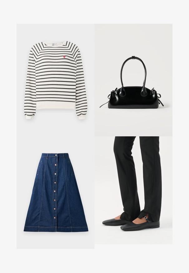 Sudadera rayada en blanco y negro con mangas raglán, escote redondo y pequeño bordado de un corazón rojo en el pecho. Tejido suave.; Falda de mezclilla en forma de A en azul oscuro con cierre de botones en el frente, que cuenta con bolsillos, costuras en contraste y longitud a media pantorrilla.; Piernas con pantalones ajustados negros con aberturas frontales en el dobladillo, combinados con zapatos planos Mary Jane negros con una pequeña correa con hebilla.; Pequeño bolso negro brillante con dos asas largas y detalles de cordón lateral sobre un fondo claro liso.