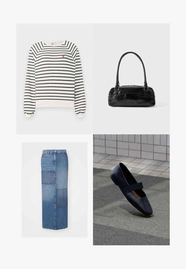 Ribašvetser off-white ja musta värviga, raglanvarrukatega, ümmarguse kaelusega ning väikese punase südame tikandiga rinnal. Pehme kangas.; Denim seelik, millel on erinevates sinistes toonides lapitööd, sirge lõige, kõrge vöökoht ja puhas äär.; Must musta lamega nahkking, ümmarguse varbaga, millel on pehme must elastne rihm üle jala. Sile tekstuur ja minimaalne kujundus.; Must must beebkott, millel on ristkülikuline kuju, ühekordne tahke käepide, hõbedased detailid ja lukuga sulgemine. Sile tekstuur.