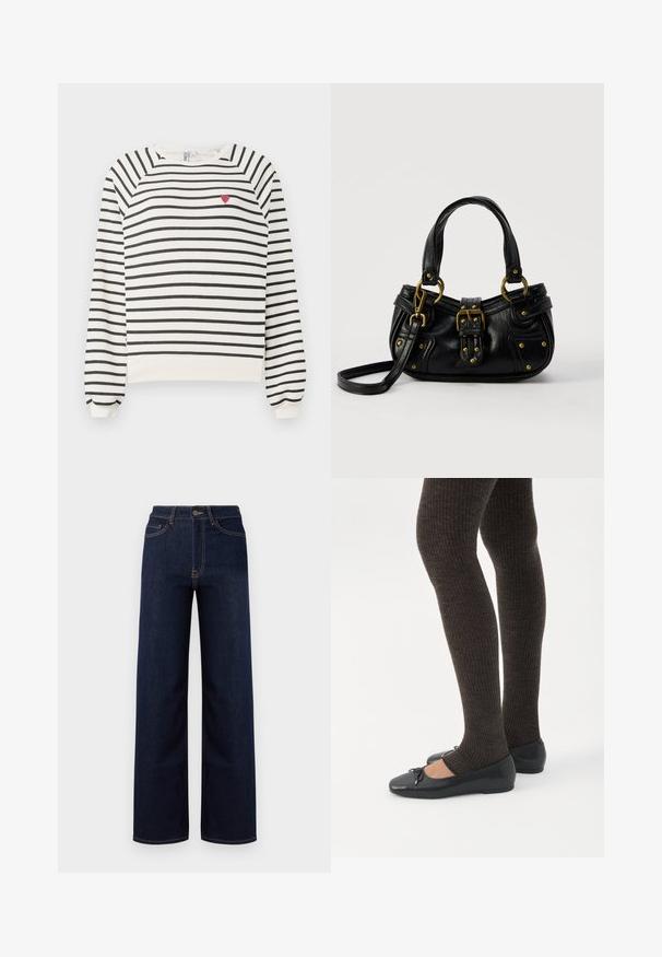 Sweatshirt rayé en blanc cassé et noir avec des manches raglan, un col rond et une petite broderie en forme de cœur rouge sur la poitrine. Tissu doux.; Jeans en denim bleu foncé à jambes larges, avec une taille haute, quatre poches et des coutures contrastantes le long des coutures.; Jambes portant des leggings côtelés foncés associés à des ballerines noires avec de petits détails en nœud sur fond blanc.; Sac à main en cuir noir avec boucle dorée et détails à rivets, poignées courtes et bandoulière réglable sur fond blanc uni.