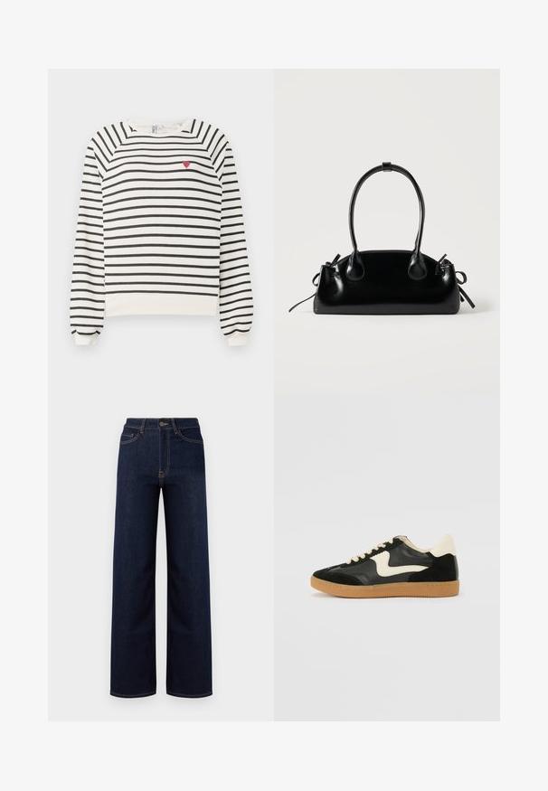 Gestreepte sweatshirt in off-white en zwart met raglanmouwen, ronde halslijn en kleine rode hartborduursel op de borst. Zacht materiaal.; Donkerblauwe wijde jeans van denim, met een hoge taille, vier zakken en contrasterende stiksels langs de naden.; Zwarte suède en leren sneaker met een crèmekleurige zij-swoosh en lichte crèmekleurige hiel. Voorzien van beige veters en een gumrubberen zool.; Kleine zwarte glanzende handtas met twee lange hengsels en zijkant trekkoord details op een effen lichte achtergrond.