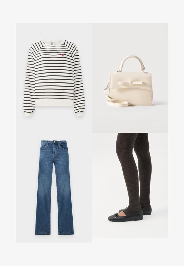 Sudadera rayada en blanco y negro con mangas raglán, escote redondo y pequeño bordado de un corazón rojo en el pecho. Tejido suave.; Vaqueros de mezclilla oscura con pierna recta, que cuentan con una cintura alta, cinco bolsillos y un cierre de botón de metal. Detalles de lavado desteñido distintivos.; Piernas con leggings oscuros acanalados combinados con bailarinas negras que presentan pequeños detalles de lazo sobre un fondo blanco.; Pequeño bolso beige con asa superior, correa desmontable, solapa frontal y lazo decorativo horizontal sobre un fondo liso.