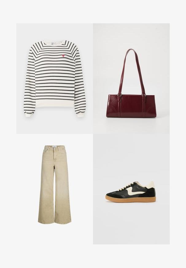 Sudadera rayada en blanco y negro con mangas raglán, escote redondo y pequeño bordado de un corazón rojo en el pecho. Tejido suave.; Vaqueros beige de cintura alta y pierna ancha con botones y cremallera delanteros, trabillas para cinturón y bolsillos frontales.; Zapatillas de deporte de ante y cuero negro con un swoosh lateral en crema y un talón en crema claro. Presenta cordones beige y una suela de goma marrón.; Bolso burdeos hecho de material brillante, de forma rectangular, con dos asas para el hombro y sutiles acentos curvados en la parte frontal.