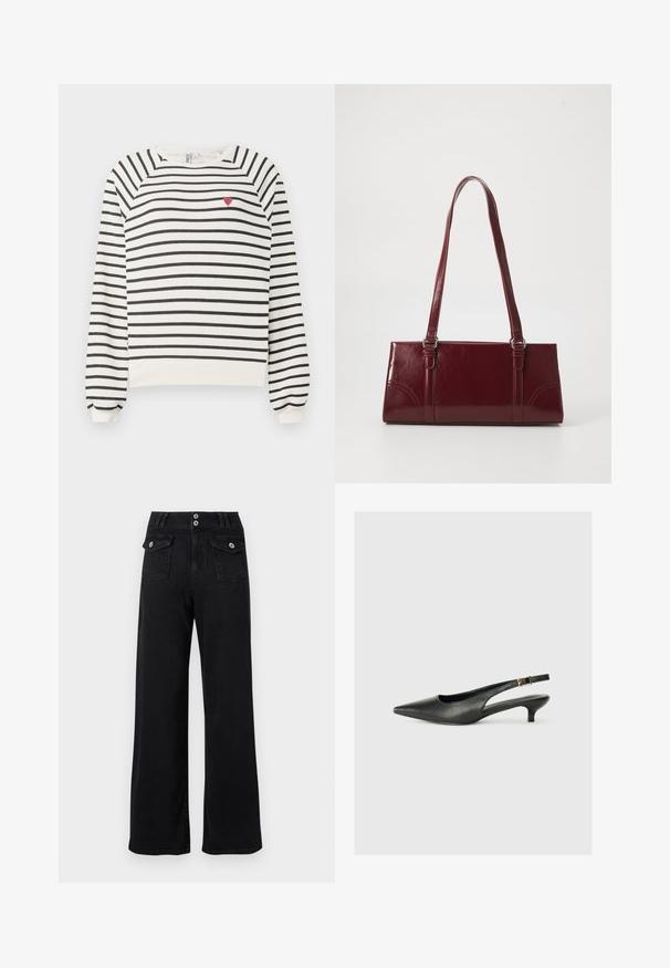 Pruhovaná mikina v off-white a čiernej farbe s raglánovými rukávmi, okrúhlym výstrihom a malou výšivkou červenej srdiečka na hrudi. Mäkká látka.; Čierne široké nohavice s vysokým pásom, s dvoma prednými vreckami s klopami a zapínaním na gombíky, dvojité zapínanie na gombíky v páse.; Čierne body topánky s otvorenou pätou vyrobené z hladkej kože. Zobrazuje tenké opätky a ozdobný detail s prackou na nastaviteľnom popruhu.; Bordová kabelka vyrobená z lesklého materiálu, obdĺžnikový tvar, s dvoma ramennými popruhmi a jemnými zakrivenými akcentmi na prednej strane.