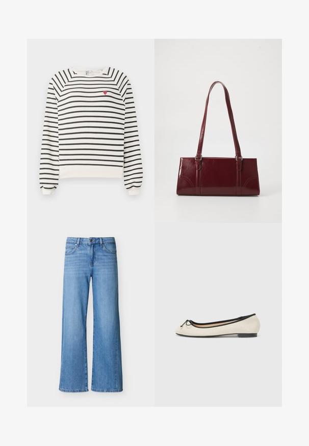 Gestreifter Pullover in Off-White und Schwarz mit Raglanärmeln, Rundhalsausschnitt und einer kleinen roten Herzstickerei auf der Brust. Weicher Stoff.; Hellblaue Jeans aus Denim mit weitem Bein, vorderem Knopf- und Reißverschluss sowie Taschen vorne und hinten.; Balletschuh aus beigem Textil mit schwarzem Rand. Mit einer abgerundeten Schuhspitze und einem kleinen Schleifenakzent an der Vorderseite. Flache Sohle.; Burgunderfarbene Handtasche aus glänzendem Material, rechteckige Form, mit zwei Schulterriemen und subtilen, geschwungenen Akzenten an der Vorderseite.