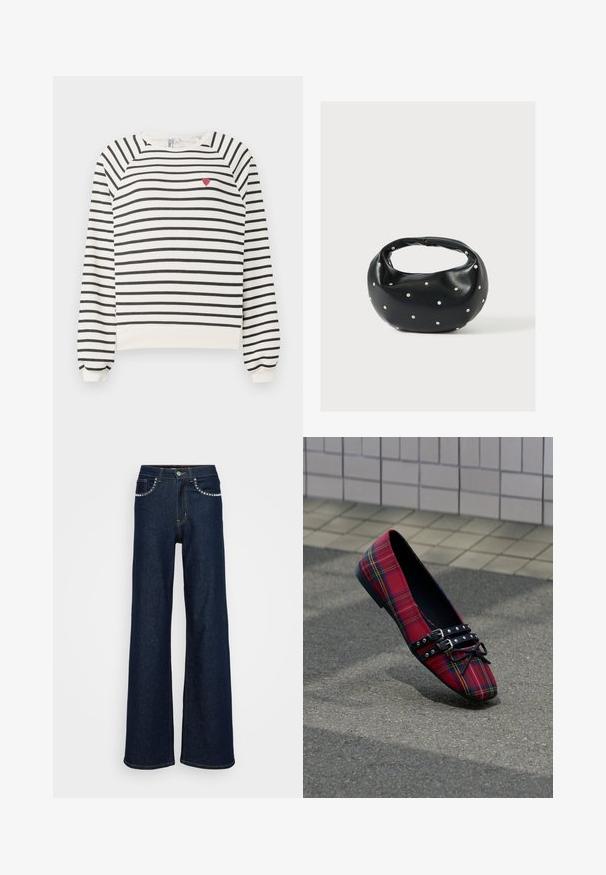 Ribašvetser off-white ja musta värviga, raglanvarrukatega, ümmarguse kaelusega ning väikese punase südame tikandiga rinnal. Pehme kangas.; Tumedate sinised laia säärega teksapüksid, mis on valmistatud denimist, kõrge vöökohaga, metallist nööpide sulgemisega ja dekoratiivsete õmblustega taskute ääres.; Punane tartaanist madal kontsaga king, terava varbaga, mustade naelutatud topeltpaelte ja paelaga, asetatud asfaltile plaatidega kaetud seina lähedale.; Mustast nahast ümmarguse kujuga käekott, kaunistatud hõbedaste naeladega, lühikese sangaga. Sile tekstuur ja tõmblukuga sulgemine.