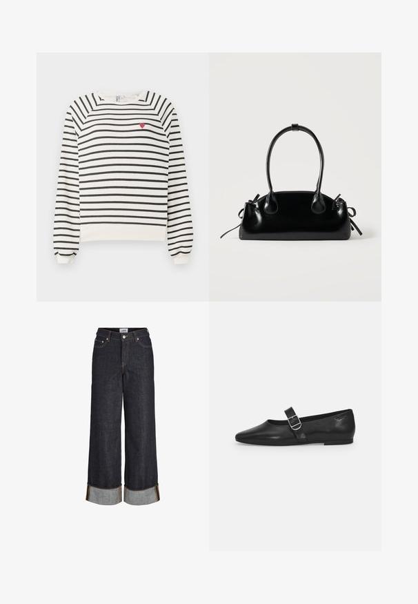 Sudadera rayada en blanco y negro con mangas raglán, escote redondo y pequeño bordado de un corazón rojo en el pecho. Tejido suave.; Vaqueros azul oscuro de pierna ancha con dobladillos remangados, cinco bolsillos y costuras en contraste de color amarillo.; Zapato plano de cuero negro con punta redondeada, una sola correa ajustable con hebilla y una textura suave y brillante. Diseño minimalista con un tacón bajo.; Pequeño bolso negro brillante con dos asas largas y detalles de cordón lateral sobre un fondo claro liso.