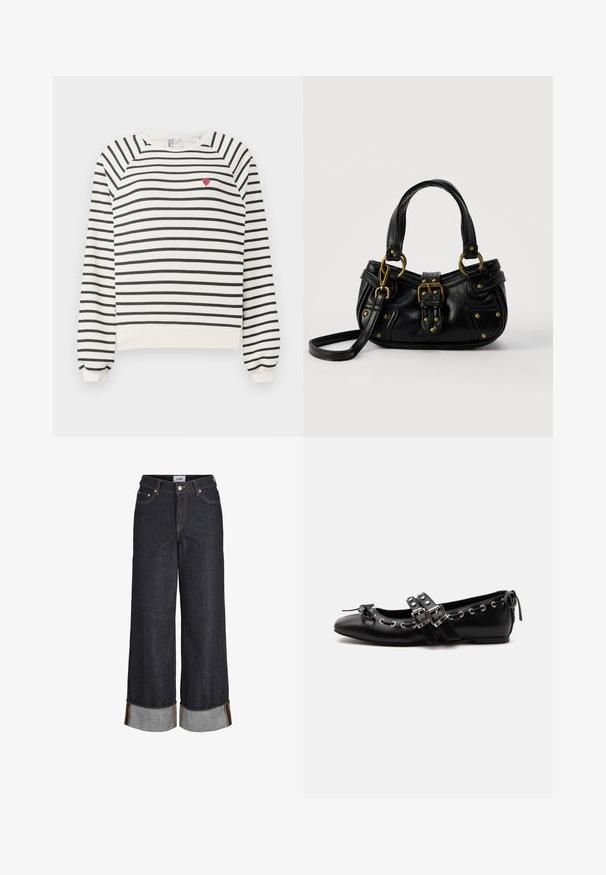 Sudadera rayada en blanco y negro con mangas raglán, escote redondo y pequeño bordado de un corazón rojo en el pecho. Tejido suave.; Vaqueros azul oscuro de pierna ancha con dobladillos remangados, cinco bolsillos y costuras en contraste de color amarillo.; Zapato de ballet plano negro con correas de doble hebilla, ojales plateados y un pequeño lazo cerca de la puntera redondeada sobre un fondo blanco.; Bolso de cuero negro con hebilla y detalles de remaches dorados, asas cortas y una correa de hombro ajustable sobre un fondo blanco liso.