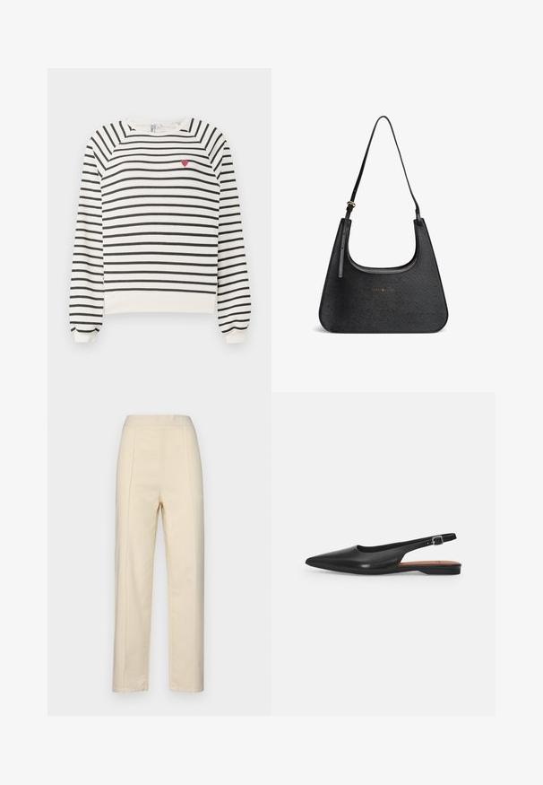 Gestreepte sweatshirt in off-white en zwart met raglanmouwen, ronde halslijn en kleine rode hartborduursel op de borst. Zacht materiaal.; Crème kleurige, rechte broek van katoen, met voorplooien, een gladde textuur en een tailleband zonder zichtbare hardware.; Zwarte leren slingback schoen met een spitse neus, subtiele glans en een verstelbare enkelband. Platte hak met een brown inlegzool.; Zwart handtas met een gladde textuur, gebogen vorm en een enkele schouderriem. Voorzien van een logo in goudkleurig metaal aan de voorkant.