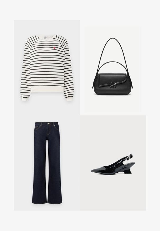 Stribet sweatshirt i off-white og sort med raglanærmer, rund halsudskæring og lille rød hjertebroderi på brystet. Blødt stof.; Mørkeblå vidde denimjeans med forlommer, knap- og lynlåslukning samt synlige kontrastsyninger.; Sort laklæder slingback sko med spids tå og lav vinklet blokhæl på ensartet lys baggrund.; Sort læderhåndtaske med afrundede kanter, asymmetrisk klap, metalcirkulært spænde samt både korte og lange skulderstropper.