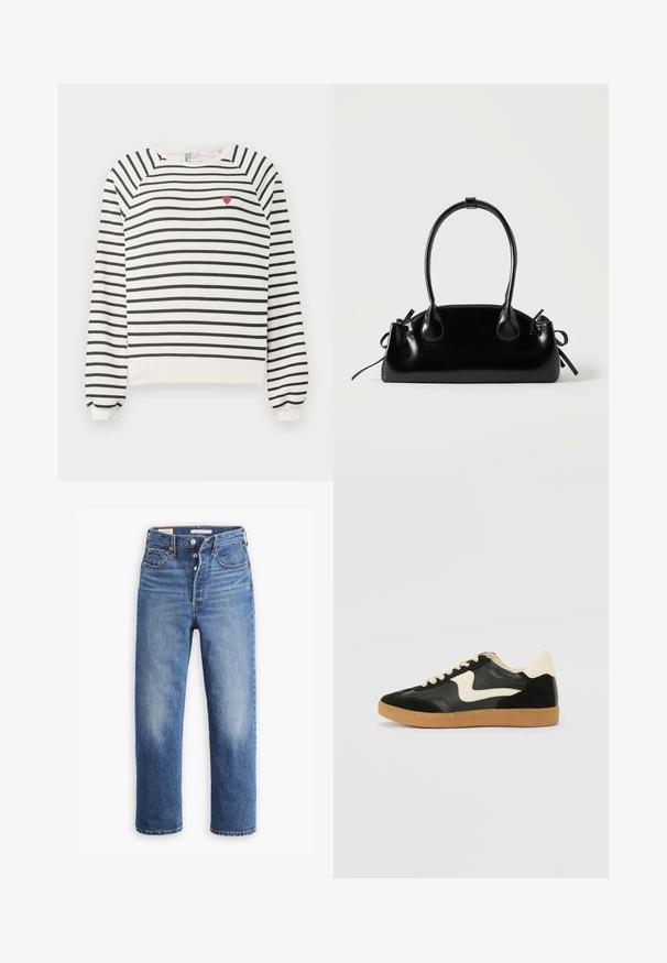 Ribašvetser off-white ja musta värviga, raglanvarrukatega, ümmarguse kaelusega ning väikese punase südame tikandiga rinnal. Pehme kangas.; Sinised teksad kõrge vöökohaga, sirge jala disainiga ja pleekinud aladega. Omavad eesmine taskut ja metallist tarvikud.; Must musta ja nahast sneakersid, millel on koorevärvi külgsuund ja hele koorik. Omab beeži paelu ja kummi kummist välistalla.; Väike must läikiv käekott kahe pika sangaga ja külgedel paelakinnitustega, ühel lihtsal helel taustal.