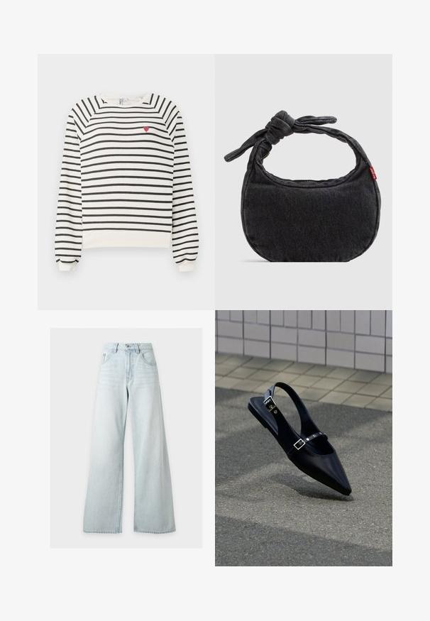 Gestreifter Pullover in Off-White und Schwarz mit Raglanärmeln, Rundhalsausschnitt und einer kleinen roten Herzstickerei auf der Brust. Weicher Stoff.; Hellblaue, hochtaillierte, weit geschnittene Jeans mit Vorderknopf und Reißverschluss, vorderen Taschen und Gürtelschlaufen auf weißem Hintergrund.; Schwarzer Slingback-Flachschuh mit spitz zulaufender Spitze und doppelten Schnallenriemen, ruhend auf grauem Asphalt nahe einer gefliesten Wand.; Kleine schwarze Jeans-Umhängetasche mit geknotetem Riemen und Reißverschluss, mit einem roten Levi's Stoffetikett an der Seite.