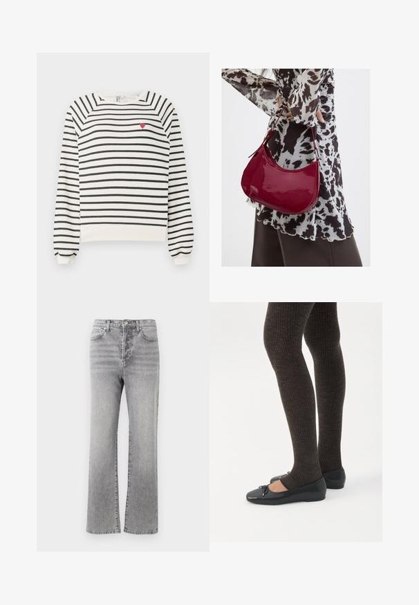 Sweatshirt rayé en blanc cassé et noir avec des manches raglan, un col rond et une petite broderie en forme de cœur rouge sur la poitrine. Tissu doux.; Jean en denim gris avec une coupe droite, taille mi-haute, cinq poches, et un léger dégradé pour donner de la texture. Détails en métal pour le bouton et les coutures.; Jambes portant des leggings côtelés foncés associés à des ballerines noires avec de petits détails en nœud sur fond blanc.; Femme portant un chemisier à motif noir et blanc tenant un sac à main rouge brillant sur un fond uni.