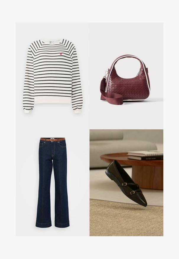 Gestreepte sweatshirt in off-white en zwart met raglanmouwen, ronde halslijn en kleine rode hartborduursel op de borst. Zacht materiaal.; Donkerblauwe denim flared jeans met een bruine riem, voorzien van contrasterende stiksels, twee voorzakken en een omgeslagen zoom.; Zwarte platte schoen met puntige neus en twee dunne gespspanners die boven een beige tapijt zweven, met een houten salontafel en boeken op de achtergrond.; Donkerrode geweven leren handtas met gebogen handvat, witte bies, zilveren rits en afneembare brede stoffen schouderriem tegen een effen achtergrond.