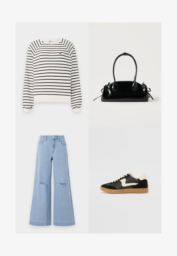 Sudadera rayada en blanco y negro con mangas raglán, escote redondo y pequeño bordado de un corazón rojo en el pecho. Tejido suave.; Jeans de pernera ancha de color azul claro con una cintura alta, que cuentan con dos bolsillos frontales y dos detalles de rodillas rasgadas, elaborados en material de denim.; Zapatillas de deporte de ante y cuero negro con un swoosh lateral en crema y un talón en crema claro. Presenta cordones beige y una suela de goma marrón.; Pequeño bolso negro brillante con dos asas largas y detalles de cordón lateral sobre un fondo claro liso.