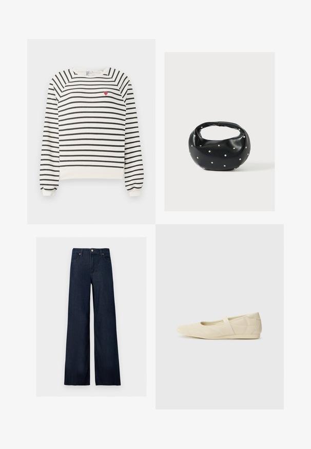 Raidallinen collegepaita off-white ja mustana, raglanhihoilla, pyöreällä kaula-aukolla ja pienen punaisen sydämen brodeerauksella rinnassa. Pehmeä kangas.; Tummansiniset leveälahkeiset farkut, joissa edessä nappi, vyölenkit ja viiden taskun mallikuvio, yksivärisellä taustalla.; Beige ballerinat kengät, joissa on sileä nahka-aines, mantelinmuotoinen kärki ja joustava nauha jalkapöydän ympärillä, sisältäen hillittyjä ompeluyksityiskohtia.; Musta nahkainen käsilaukku, jossa on pyöreä muoto, koristeltu hopeisilla niittikoristeilla ja lyhyt kahva. Sileä pinta ja vetoketjullinen suljenta.