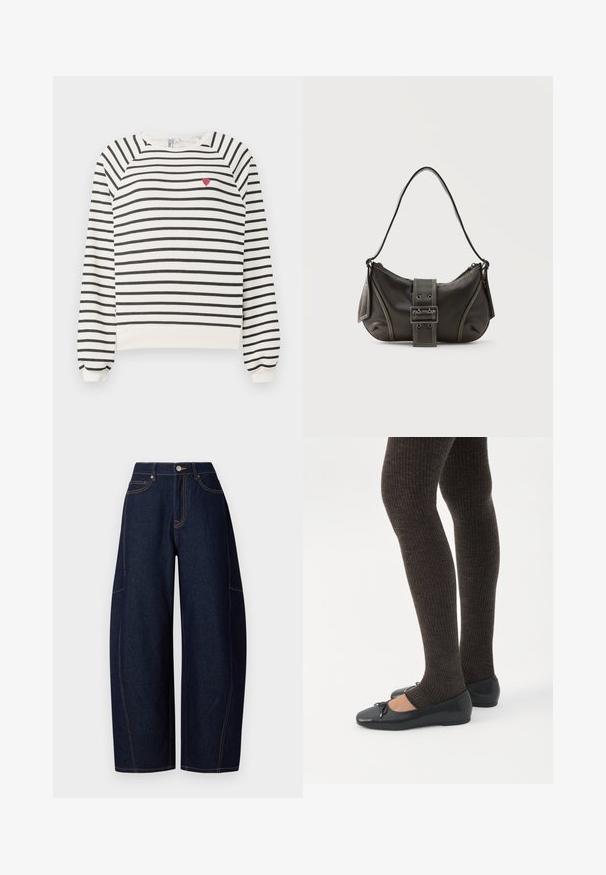 Stribet sweatshirt i off-white og sort med raglanærmer, rund halsudskæring og lille rød hjertebroderi på brystet. Blødt stof.; Bredde ben mørkeblå denimbukser med kontrasterende orangetråd, fem lommer og en knap- og lynlåslukning i taljen.; Ben iført mørke ribbede leggings kombineret med sorte balletsko med små sløjfedetaljer på hvid baggrund.; Sort læder skuldertaske med spænde på remmen, afrundede kanter og kontrasterende hvide syninger på en ensfarvet baggrund.
