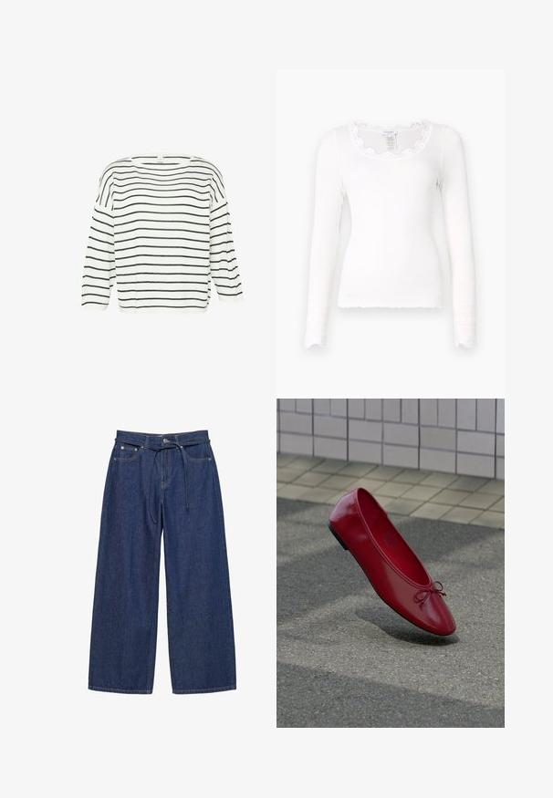 Haut en tricot blanc avec des rayures horizontales noires, décolleté large et manches trois-quarts. Coupe simple et décontractée, texture lisse. Pas de matériel visible.; Haut à manches longues blanc à côtes avec un col en dentelle festonnée et une bordure en dentelle aux poignets. Tissu en coton doux, design ajusté.; Pantalon large en denim bleu foncé avec poches avant, passants pour ceinture, fermeture par bouton, et une fine ceinture assortie en tissu nouée à la taille.; Ballerine en cuir rouge avec un petit nœud sur un pavé texturé près d'un mur carrelé, projetant une ombre en dessous.