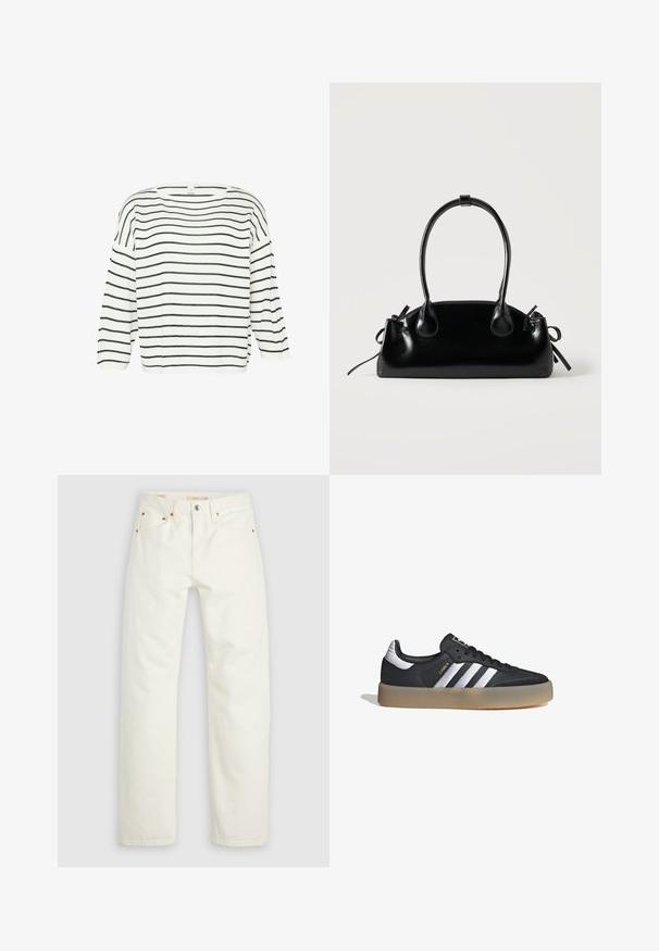 Top de punto blanco con rayas horizontales negras, escote amplio y mangas de tres cuartos. Corte sencillo y relajado, textura suave. Sin herrajes visibles.; Jeans de mezclilla blancos de pierna recta con cierre de botón y cremallera, bolsillos delanteros y traseros, y detalles en remaches de cobre.; Zapatilla deportiva de cuero negro con tres rayas plateadas, punta texturizada y suela de goma. Cuenta con un collar acolchado y un diseño con cordones.; Pequeño bolso negro brillante con dos asas largas y detalles de cordón lateral sobre un fondo claro liso.