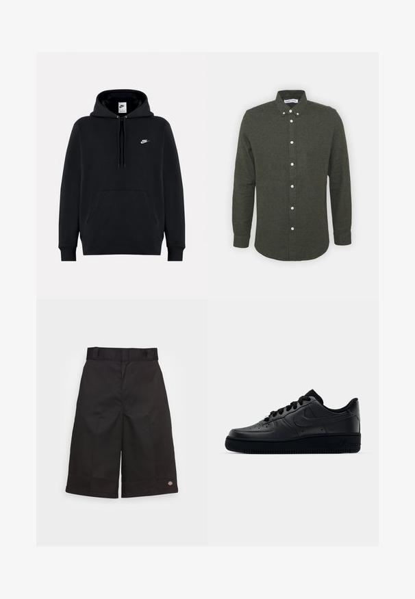 Zwarte Nike-trui met capuchon, voorvak, trekkoorden en klein wit Nike-logo op de linkerborst.; Donkergroene overhemd met kraag, lange mouwen en witte knopen. Zachte, gestructureerde stof met een licht gebogen zoom.; Zwarte katoenen shorts met een rechte snit, knielengte, voorzien van een zichtbaar merklogo op de zoom en een gladde textuur.; Zwarte Nike Air Force 1 sneaker met een gladde leren bovenkant, geperforeerde neus voor ademend vermogen, zwarte veters en een getextureerde rubberen zool.