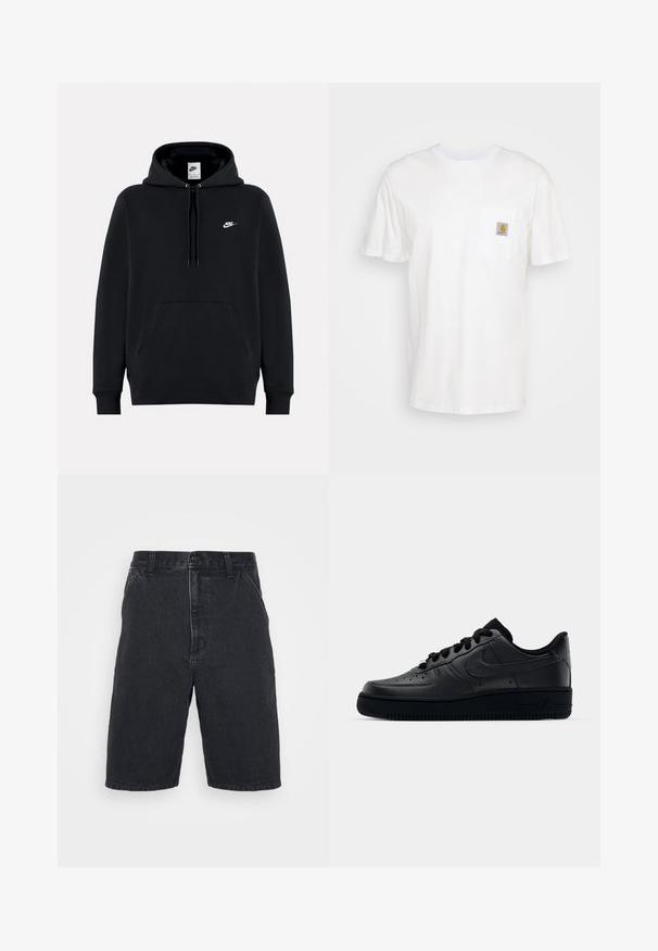 Schwarzer Nike-Hoodie mit Fronttasche, Kapuze mit Kordelzug und kleinem weißen Nike-Logo auf der linken Brust.; Weißes Baumwoll-T-Shirt mit kurzen Ärmeln, einer Brusttasche und einem kleinen quadratischen Logopatch in Orange und Weiß auf der Tasche.; Schwarze Jeansshorts mit geradem Schnitt, mittelhohem Bund, vorderer Knopfleiste und sichtbaren Nähten.; Schwarzer Nike Air Force 1 Schuh mit einem glatten Lederoberteil, perforierter Zehenpartie für Atmungsaktivität, schwarzen Schnürsenkeln und einer strukturierten Gummisohle.