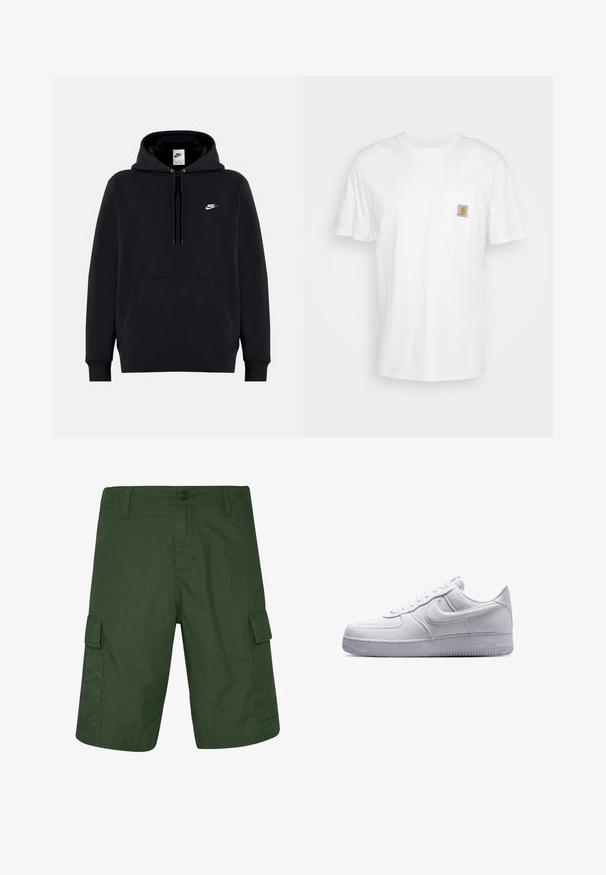 Schwarzer Nike-Hoodie mit Fronttasche, Kapuze mit Kordelzug und kleinem weißen Nike-Logo auf der linken Brust.; Weißes Baumwoll-T-Shirt mit kurzen Ärmeln, einer Brusttasche und einem kleinen quadratischen Logopatch in Orange und Weiß auf der Tasche.; Dunkelgrüne Cargo-Shorts aus leichtem Material mit zwei seitlichen Taschen und einem Knopfverschluss. Strukturiert Oberfläche mit geradem Schnitt.; Weißer flacher Nike Air Force 1 Sneaker mit Schnürverschluss und strukturierter Sohle, seitlich auf weißem Hintergrund gezeigt.