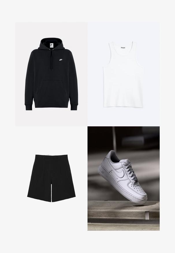 Schwarzer Nike-Hoodie mit Fronttasche, Kapuze mit Kordelzug und kleinem weißen Nike-Logo auf der linken Brust.; Weißes ärmelloses Tanktop mit rundem Ausschnitt und Weekday-Markenetikett auf der Innenseite des hinteren Kragens, flach auf hellem Hintergrund dargestellt.; Schwarze, maßgeschneiderte Shorts mit Gürtelschlaufen, vorderen Falten und Seitentaschen, flach auf einem weißen Hintergrund liegend.; Weißer Nike Air Force 1 Sneaker aus Leder mit perforierter Zehenpartie, flachen Schnürsenkeln und strukturierter Gummisohle mit "AIR"-Branding an der Seite.