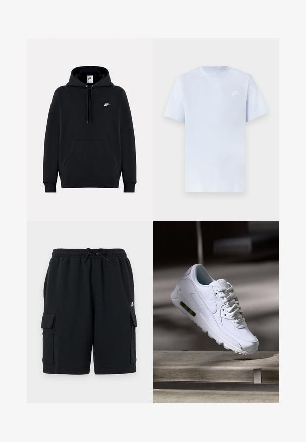 Zwarte Nike-trui met capuchon, voorvak, trekkoorden en klein wit Nike-logo op de linkerborst.; Lichtblauwe katoenen t-shirt met korte mouwen, ronde hals en een wit Nike-logo gedrukt op de linkerborst. Glad textuur, eenvoudig ontwerp.; Zwarte katoenen cargoshorts met een elastische tailleband en trekkoord, voorzien van twee zijzakken en een klein logo-accent.; Witte leren sneaker met gestructureerde oppervlakken, gevoerde kraag en zichtbare luchtbescherming in de zool. Heeft veters en een minimalistisch ontwerp.