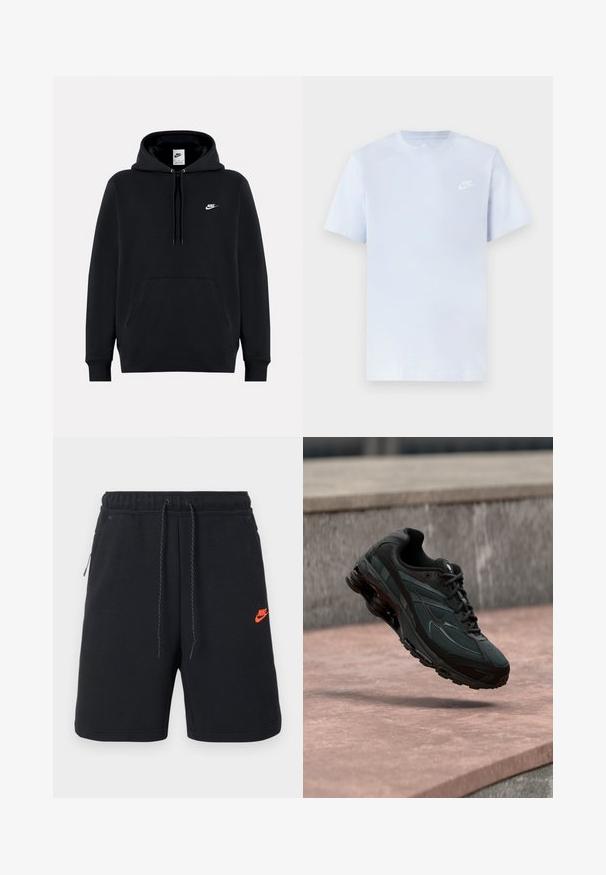 Schwarzer Nike-Hoodie mit Fronttasche, Kapuze mit Kordelzug und kleinem weißen Nike-Logo auf der linken Brust.; Hellblaue Baumwoll-T-Shirt mit kurzen Ärmeln, Rundhalsausschnitt und einem weißen Nike-Logo, das auf der linken Brust gedruckt ist. Glatte Textur, schlichtes Design.; Schwarze Nike-Shorts mit elastischem Bund, Kordelzug, Seitentaschen und kleinem orangefarbenem Nike-Logo am linken Oberschenkel.; Schwarzer athletischer Sneaker mit sichtbarer Air-Cushioning-Zwischensohle, der über einer rosa Steinoberfläche mit grauer Steinmauer im Hintergrund schwebt.