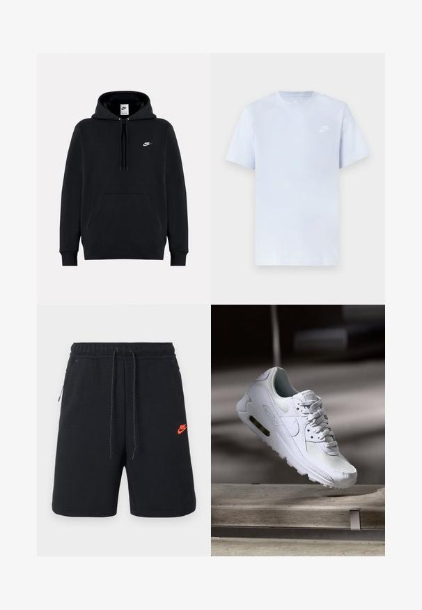 Sort Nike-hættetrøje med frontlomme, snøre i hætten og lille hvid Nike-logo på venstre bryst.; Lyseblå bomulds t-shirt med korte ærmer, rund hals og et hvidt Nike-logo trykt på venstre bryst. Glat tekstur, simpelt design.; Sorte Nike-shorts med elastisk talje, snøre, sidelommer og lille orange Nike-logo på venstre lår.; Hvide Nike Air Max 90 sneakers med en overdel i mesh og læder, perforeret tåboks og en synlig luftenhed i hælen.