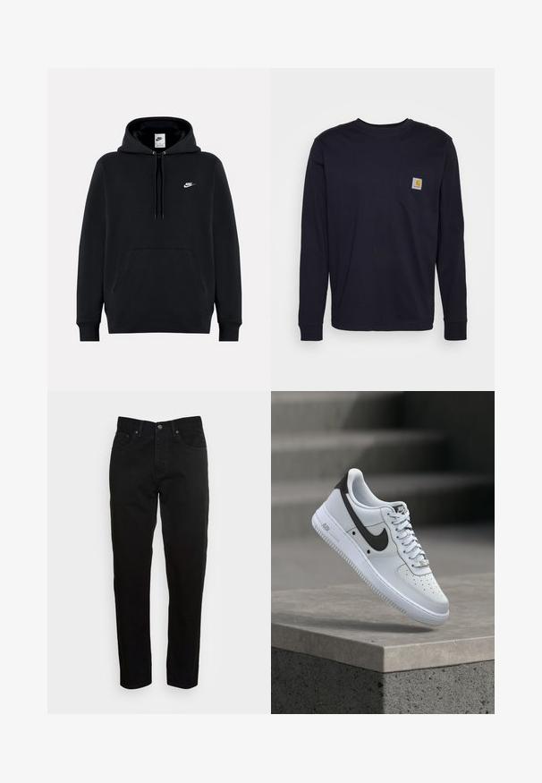 Μαύρο φούτερ Nike με τσέπη μπροστά, κουκούλα με κορδόνια και μικρό λευκό λογότυπο Nike στο αριστερό στήθος.; Μακρυμάνικη ναυ blue μπλούζα από βαμβάκι, με τσέπη στο στήθος που διαθέτει λογόσημο. Ευθεία στρωμένη και ριμπ μανσέτες.; Μαύρα στενά τζιν παντελόνια με μπροστινό κλείσιμο κουμπιού και πέντε τσέπες, τοποθετημένα σε απλό ανοιχτό γκρίζο φόντο.; Λευκό αθλητικό παπούτσι Nike Air Force 1 με μαύρο λογότυπο Swoosh, αιωρείται πάνω από μια τσιμεντένια άκρη με θολές σκάλες στο φόντο.