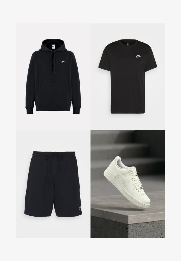Sweat à capuche Nike noir avec poche avant, capuche à cordon et petit logo Nike blanc sur le côté gauche de la poitrine.; T-shirt en coton noir à manches courtes, col rond, avec un petit logo Nike blanc sur la poitrine supérieure gauche. Texture lisse. Coupe classique.; Shorts de sport noirs en tissu doux avec une taille élastique, un cordon de serrage et un petit logo imprimé en bas à gauche de la jambe.; Baskets en cuir blanc au design profilé, surface texturée, perforations sur le bout et accents argentés sur les lacets et le logo.