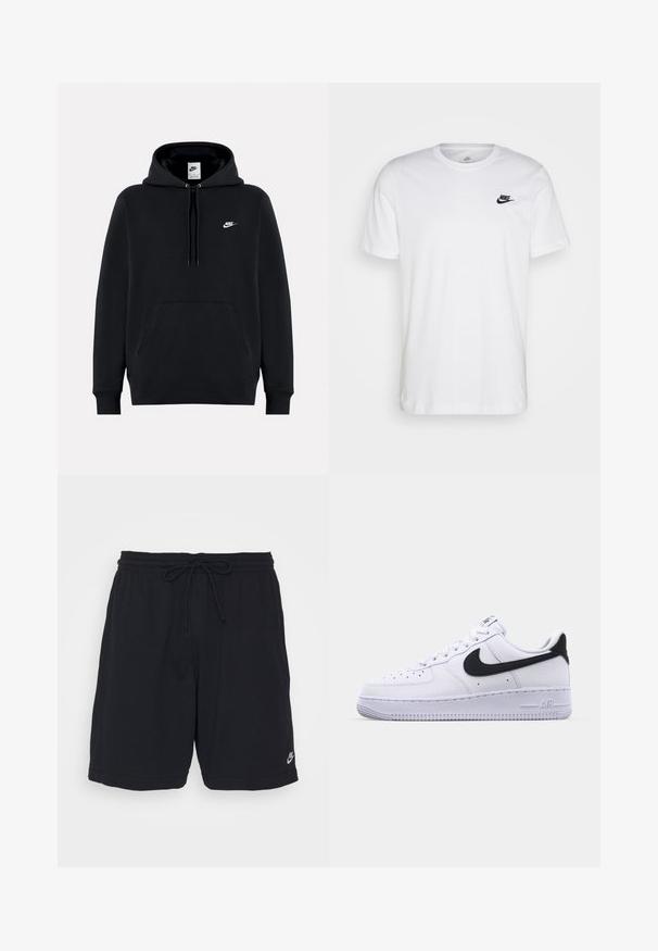 Zwarte Nike-trui met capuchon, voorvak, trekkoorden en klein wit Nike-logo op de linkerborst.; Witte katoenen t-shirt met ronde hals, korte mouwen en een zwart Nike-logo op de linkerkant van de borst. Eenvoudig, effen kleur ontwerp.; Zwarte sportieve short gemaakt van zachte stof met een elastische tailleband, trekkoord en een klein gedrukt logo op het onderste deel van het linkerbeen.; Witte leren sneaker met een gestructureerde zwarte Swoosh, platte veters en een rubberen zool met een geribbeld patroon. "AIR" is in de hak geperst.