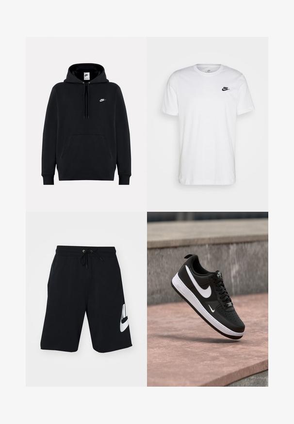 Sort Nike-hættetrøje med frontlomme, snøre i hætten og lille hvid Nike-logo på venstre bryst.; Hvid bomulds T-shirt med rund hals, korte ærmer og et sort Nike-logo på venstre bryst. Enkel, ensfarvet design.; Sorte bomuldsshorts med drapering i taljen, sidelommer og stort hvidt Nike-logo trykt på venstre lår. Klassisk atletisk design.; Sort-hvid Nike Air Force 1 sneaker svævende over en lyserød betonflade med en grå stenbaggrund.