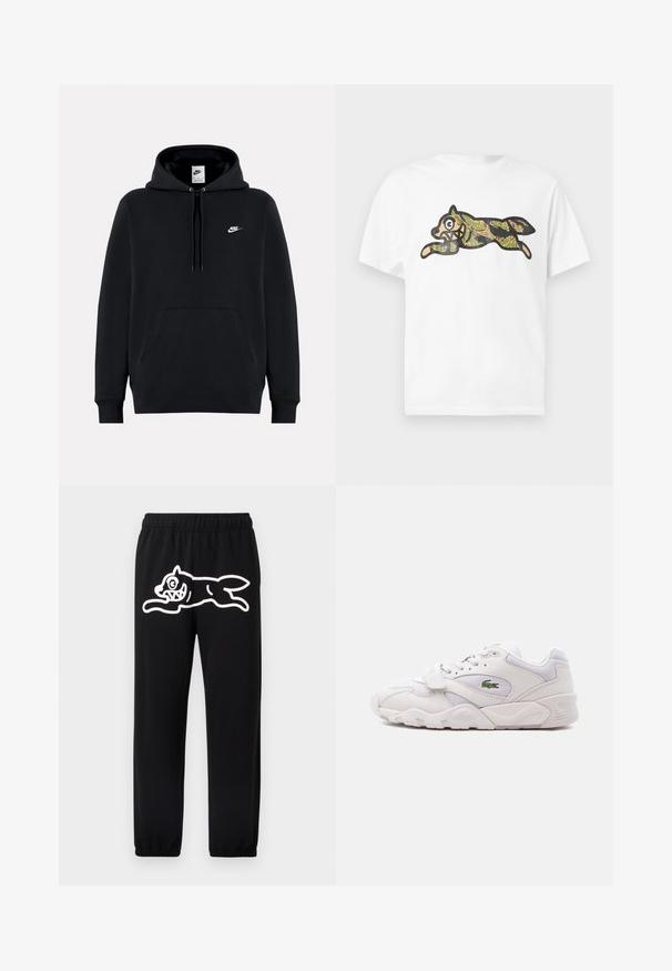 Sweat à capuche Nike noir avec poche avant, capuche à cordon et petit logo Nike blanc sur le côté gauche de la poitrine.; T-shirt blanc à manches courtes présentant un contour noir audacieux d'un chat en course avec un motif camouflage vert et marron.; Pantalon de survêtement noir avec une ceinture élastique, arborant un grand motif blanc de style cartoon représentant une créature sautante sur la jambe gauche.; Baskets blanches de sport avec lacets et sangle Velcro, arborant un logo de crocodile vert sur le côté et une semelle épaisse et texturée.