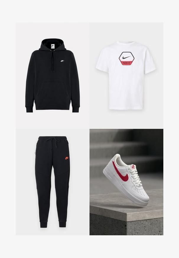 Sweat à capuche Nike noir avec poche avant, capuche à cordon et petit logo Nike blanc sur le côté gauche de la poitrine.; T-shirt Nike blanc à manches courtes avec un logo hexagonal rouge et noir comportant le swoosh Nike et le nom de la marque sur la poitrine.; Pantalon de survêtement noir fuselé avec taille à cordon et logo Nike orange sur la cuisse supérieure, sur fond blanc.; Baskets blanches Nike Air Force 1 avec logo swoosh rouge flottant au-dessus d'un rebord en béton et des escaliers en arrière-plan.