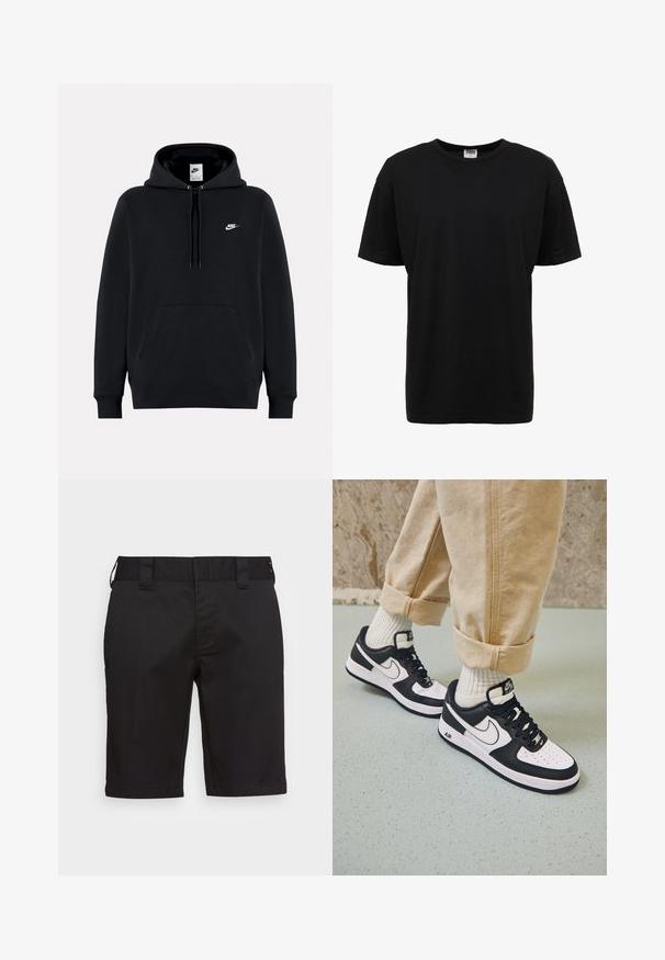 Μαύρο φούτερ Nike με τσέπη μπροστά, κουκούλα με κορδόνια και μικρό λευκό λογότυπο Nike στο αριστερό στήθος.; Μαύρη βαμβακερή μπλούζα με στρογγυλή λαιμόκοψη, κοντά μανίκια, κανονική εφαρμογή, ομαλή υφή και χωρίς ορατά μοτίβα ή διακοσμητικά.; Μαύρα σορτς από гладкий ύφασμα, με ίσια γραμμή, δύο πίσω τσέπες, επίπεδη ζώνη και θηλιές ζώνης. Χωρίς ορατά σχέδια ή διακοσμητικά στοιχεία.; Μαύρα και άσπρα αθλητικά παπούτσια Nike Air Force 1 με δερμάτινη επένδυση, τρυπητή μύτη και υφασμάτινη λεπτομέρεια στην σόλα, φορεμένα με τυλιγμένα μπεζ παντελόνια και λευκές κάλτσες.