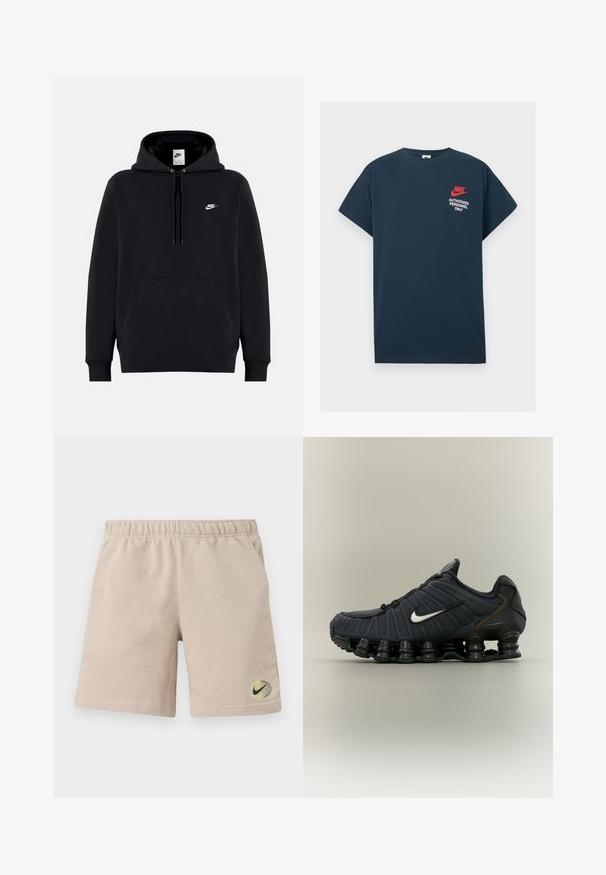Zwarte Nike-trui met capuchon, voorvak, trekkoorden en klein wit Nike-logo op de linkerborst.; Marineblauwe katoenen t-shirt met korte mouwen. Heeft een rood Nike-logo en witte tekst "ENKELE AUTORISEERDE PERSONEN" op de linkerkant van de borst.; Beige katoenen korte broek met elastische tailleband, zijzakken en een klein zwart Nike-swooshlogo op een groen-gele wereldbol dichtbij de zoom.; Zwarte Nike hardloopschoen met wit swoosh-logo en uniek veerachtig zoolontwerp op een effen lichte achtergrond.