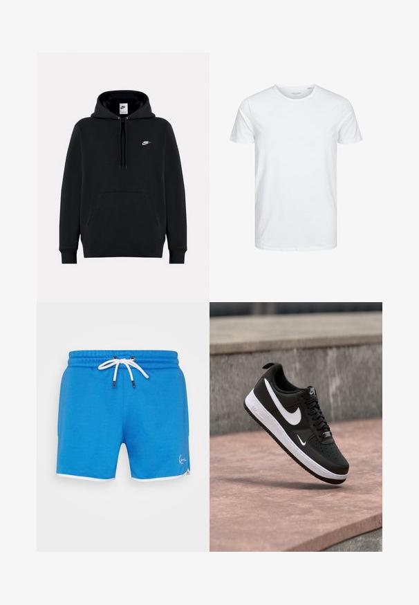 Zwarte Nike-trui met capuchon, voorvak, trekkoorden en klein wit Nike-logo op de linkerborst.; Ronde hals kortemouwen t-shirt in effen wit, gemaakt van zachte katoen, heeft een eenvoudig ontwerp zonder zichtbare patronen of accenten.; Blauwe sportshorts met een trekkoord in de taille, witte accenten en een klein logo aan de onderkant van de voorkant. Glad textuur, casual ontwerp.; Zwart-witte Nike Air Force 1 sneaker zwevend boven een roze betonnen oppervlak met een achtergrond van grijze stenen.