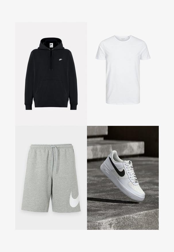 Μαύρο φούτερ Nike με τσέπη μπροστά, κουκούλα με κορδόνια και μικρό λευκό λογότυπο Nike στο αριστερό στήθος.; Μπλούζα κοντομάνικη με στρογγυλή λαιμόκοψη σε λευκό χρώμα, φτιαγμένη από απαλό βαμβάκι, διαθέτει απλό σχέδιο χωρίς ορατά μοτίβα ή διακοσμητικά.; Ανοιχτό γκρι αθλητικά σορτς με ελαστική μέση, κορδόνι και μεγάλο λευκό λογότυπο Nike swoosh στο κάτω αριστερό πόδι.; Λευκό αθλητικό παπούτσι Nike Air Force 1 με μαύρο λογότυπο swoosh, δεμένα κορδόνια, τοποθετημένο στον αέρα πάνω από υφή σκυροδέματος σε εξωτερικό χώρο.
