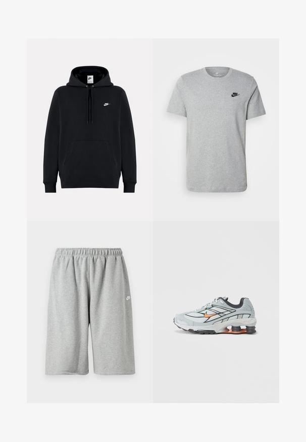 Schwarzer Nike-Hoodie mit Fronttasche, Kapuze mit Kordelzug und kleinem weißen Nike-Logo auf der linken Brust.; Graues T-Shirt mit kurzen Ärmeln aus Baumwolle, mit einem schwarzen Nike-Logo auf der Brust und einem runden Ausschnitt. Minimalistisches Design ohne Muster.; Graue Baumwollshorts mit elastischem Bund, locker geschnitten und einem kleinen weißen Logo nahe dem Saum. Glatte Textur, knielang.; Hellgrauer Laufschuh mit schwarzen Akzenten, orangefarbenem Logo, Mesh-Obermaterial, gepolstertem Schaft und Gummisohle mit sichtbaren stoßdämpfenden Einheiten.