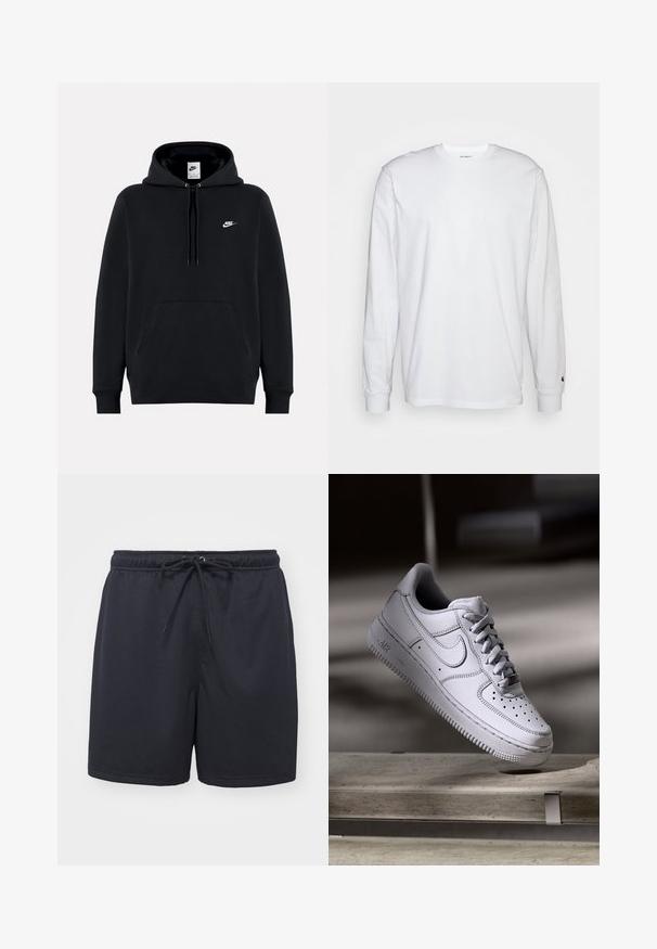 Μαύρο φούτερ Nike με τσέπη μπροστά, κουκούλα με κορδόνια και μικρό λευκό λογότυπο Nike στο αριστερό στήθος.; Λευκό μπλουζάκι με μακριά μανίκια από βαμβάκι. Σχέδιο crew neck με ριμπ μανίκια και μικρό λογότυπο στο αριστερό μανίκι. Λείος υφάνσεις.; Μαύρες αθλητικές βερμούδες φτιαγμένες από υφασμένο, αναπνεύσιμο υλικό; διαθέτουν ελαστική μέση με κορδόνι για ρυθμιζόμενη εφαρμογή.; Λευκό δερμάτινο αθλητικό παπούτσι Nike Air Force 1 με διάτρητο μπροστινό μέρος, επίπεδα κορδόνια και υφή στην καουτσούκ σόλα με το λογότυπο "AIR" στην πλευρά.