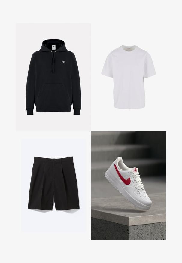 Schwarzer Nike-Hoodie mit Fronttasche, Kapuze mit Kordelzug und kleinem weißen Nike-Logo auf der linken Brust.; Weißes kurzärmeliges T-Shirt aus weicher Baumwolle, mit rundem Ausschnitt und lockerer Passform sowie geradem Saum. Keine Muster oder Akzente sichtbar.; Schwarze, maßgeschneiderte knielange Shorts mit Gürtelschlaufen, Seitentaschen, Knopfverschluss und vorderen Falten, flach auf weißem Hintergrund ausgelegt.; Weißer Nike Air Force 1 Sneaker mit rotem Swoosh-Logo, der über einer Betonbrüstung und Treppen im Hintergrund schwebt.